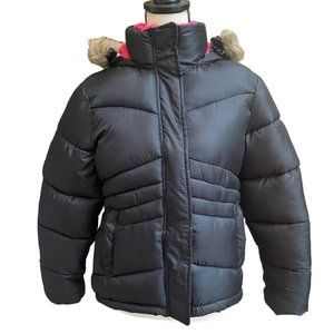 Arizona Jean Co Puffer Coat Jacket Black Pink Fur Hood Zip Up Girls Size XL 16